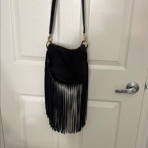 Black Leather Fringe Shoulder Bag